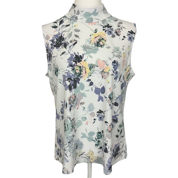 Calvin Klein Tops - CALVIN KLEIN | White Mock Neck Sleeveless Floral Blouse NWT